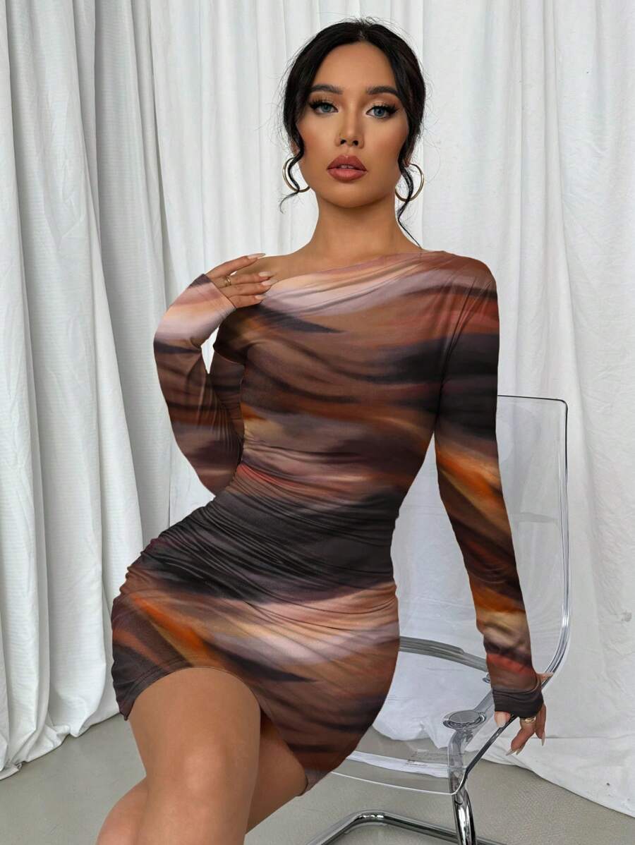 Selianne 1pc Women Fitted Tie Dye Print Ruched Oblique Shoulder Long Sleeve Dress For New Year Clothes Fall Cloth For Women