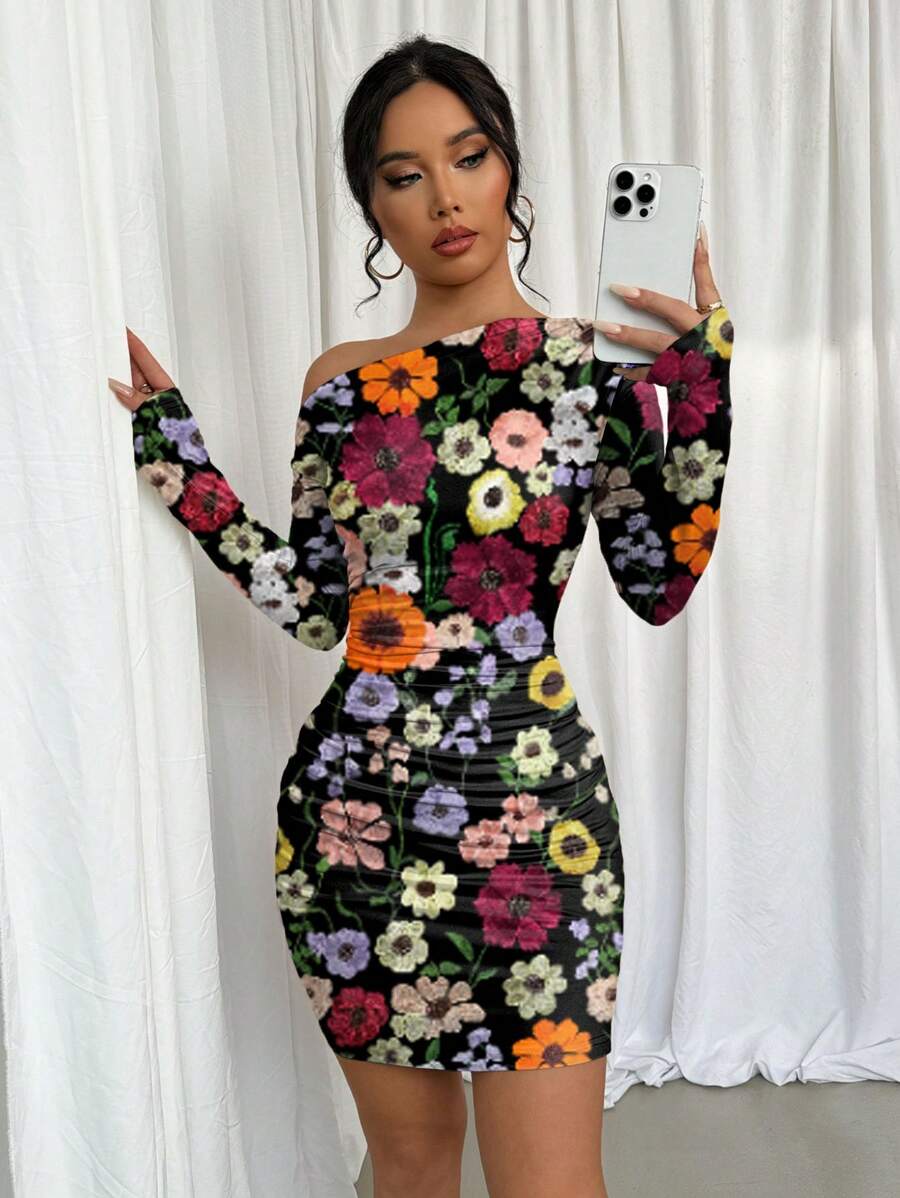 Selianne 1pc Women Fitted Tie Dye Print Ruched Oblique Shoulder Long Sleeve Dress For New Year Clothes Fall Cloth For Women