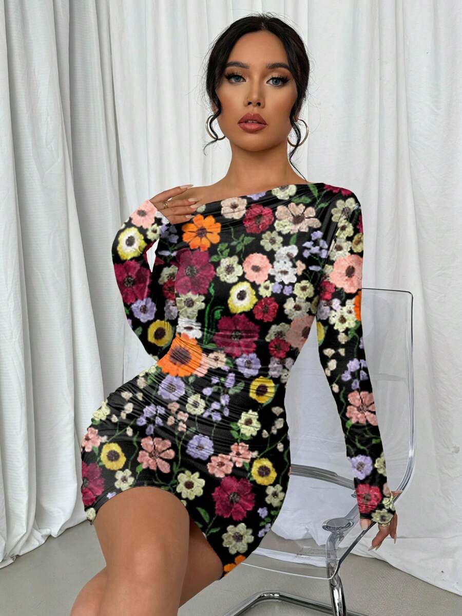 Selianne 1pc Women Fitted Tie Dye Print Ruched Oblique Shoulder Long Sleeve Dress For New Year Clothes Fall Cloth For Women