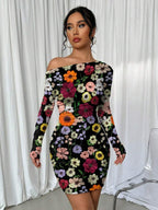 Selianne 1pc Women Fitted Tie Dye Print Ruched Oblique Shoulder Long Sleeve Dress For New Year Clothes Fall Cloth For Women