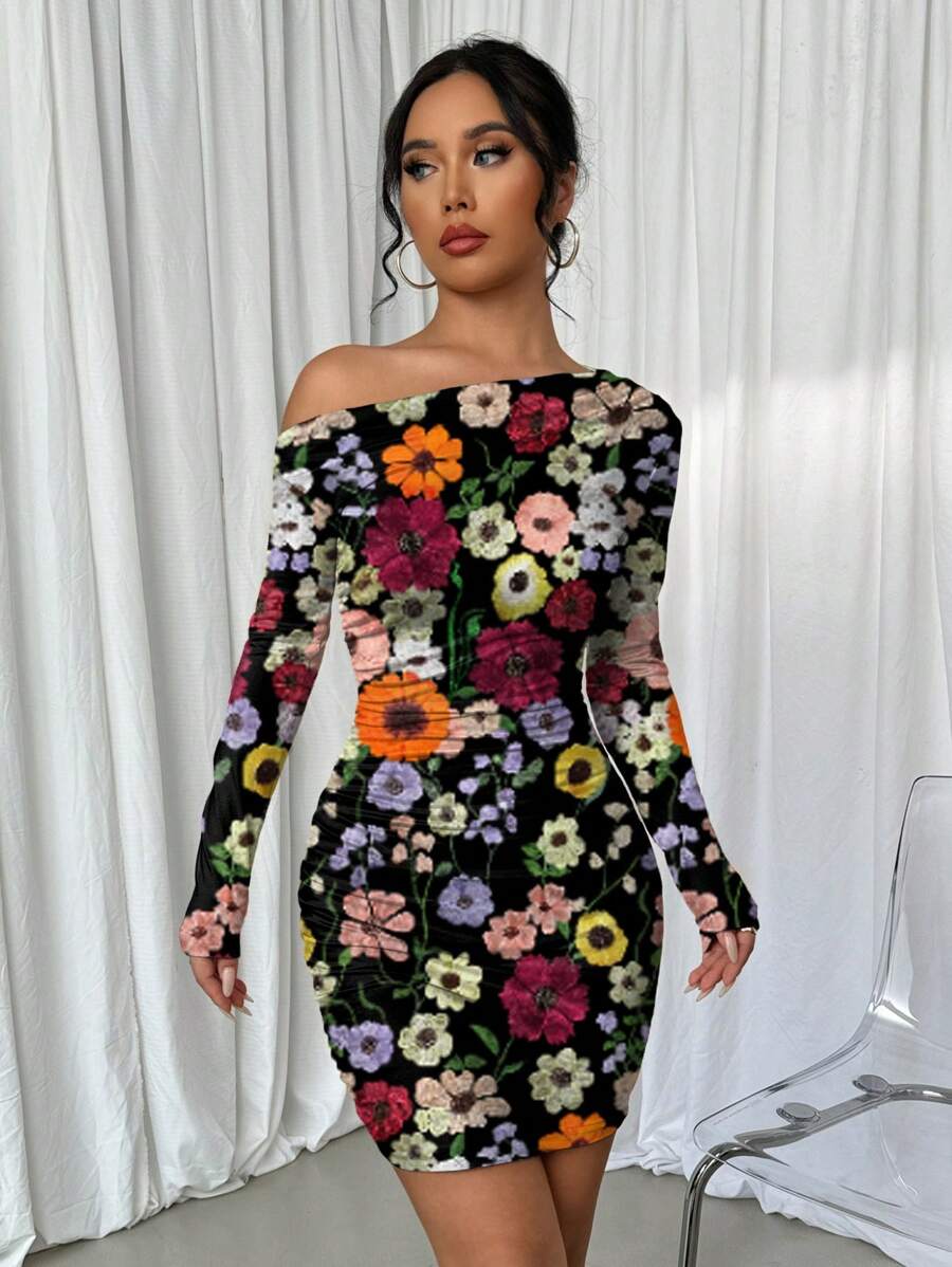 Selianne 1pc Women Fitted Tie Dye Print Ruched Oblique Shoulder Long Sleeve Dress For New Year Clothes Fall Cloth For Women