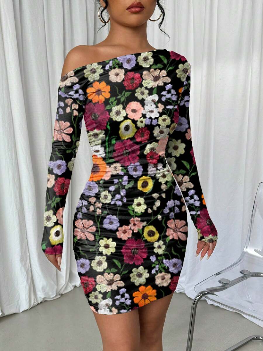 Selianne 1pc Women Fitted Tie Dye Print Ruched Oblique Shoulder Long Sleeve Dress For New Year Clothes Fall Cloth For Women