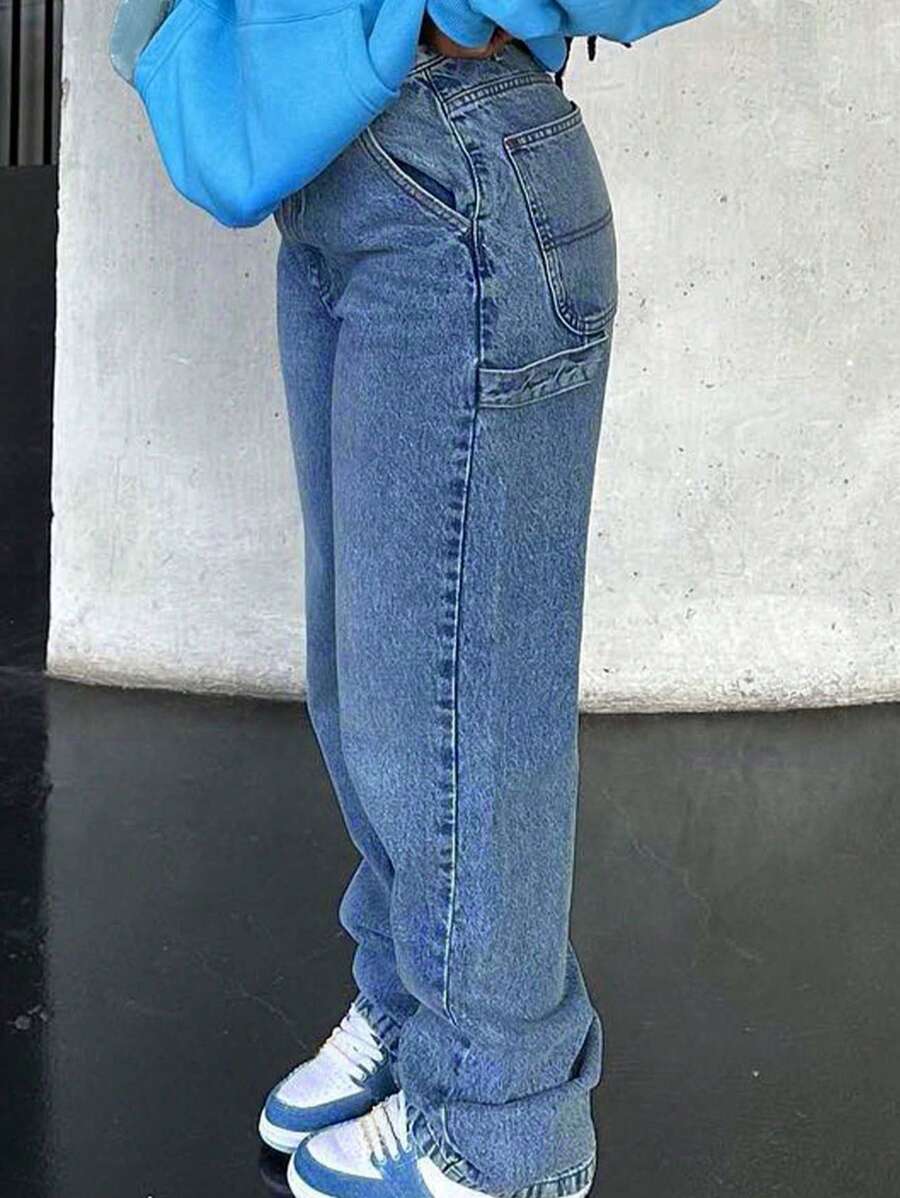NVFelix Women's Loose Straight Leg Jeans, Distressed Wash, Elegant & Fashionable, Y2K Outdoor Style, Blue, Suitable For Winter, Thanksgiving And New Year Wear
