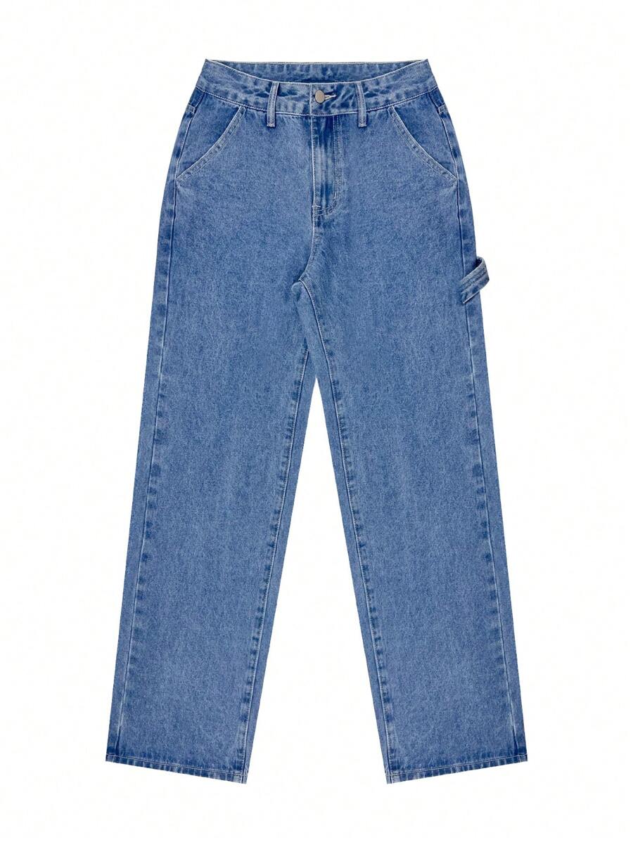 NVFelix Women's Loose Straight Leg Jeans, Distressed Wash, Elegant & Fashionable, Y2K Outdoor Style, Blue, Suitable For Winter, Thanksgiving And New Year Wear