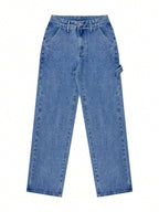 NVFelix Women's Loose Straight Leg Jeans, Distressed Wash, Elegant & Fashionable, Y2K Outdoor Style, Blue, Suitable For Winter, Thanksgiving And New Year Wear
