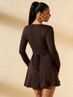 SHEIN BAE Women's Slim-Fitting Long-Sleeved High-Neck Mini Dress With Ruffled Hem, Coffee Color, Suitable For Layering, Dating Or Commuting In Autumn And Winter, Elegant Card Dress Umbrella Skirt Office Wear Work Wear Autumn Inner Wear,Summer Dresses For Women,Tea Party Dress