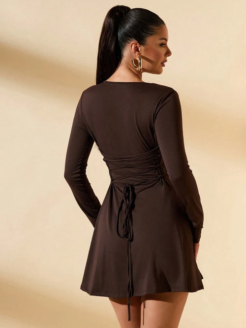 SHEIN BAE Women's Slim-Fitting Long-Sleeved High-Neck Mini Dress With Ruffled Hem, Coffee Color, Suitable For Layering, Dating Or Commuting In Autumn And Winter, Elegant Card Dress Umbrella Skirt Office Wear Work Wear Autumn Inner Wear,Summer Dresses For Women,Tea Party Dress
