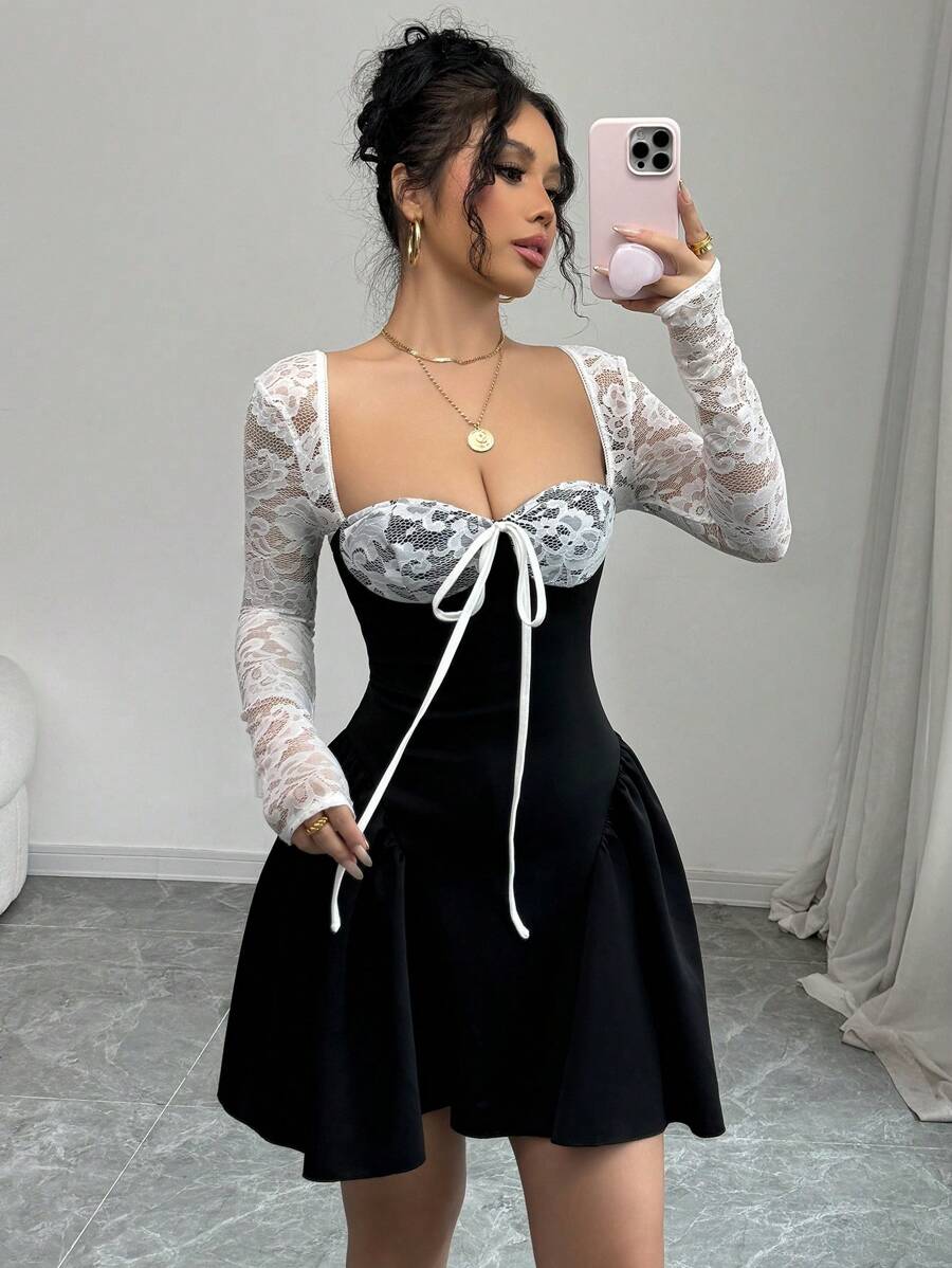 SHEIN Allurite Holiday Costume Dress Christmas Party Ball White Lace Long Sleeve Princess Tutu Sexy Mini Dress;Fall Women Clothes;Holiday Party Dress;New Year Eve Dress;New Years Women Outfit,Valentine's Day Mini Dress, Spring/Summer Mini Dress,Black And White Stitching Black Corset Dress Dinner Date Dress Sweetheart Neckline Dress Corset Top Dress Wine Dress Maroon Dress