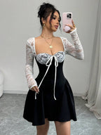 SHEIN Allurite Holiday Costume Dress Christmas Party Ball White Lace Long Sleeve Princess Tutu Sexy Mini Dress;Fall Women Clothes;Holiday Party Dress;New Year Eve Dress;New Years Women Outfit,Valentine's Day Mini Dress, Spring/Summer Mini Dress,Black And White Stitching Black Corset Dress Dinner Date Dress Sweetheart Neckline Dress Corset Top Dress Wine Dress Maroon Dress