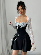 SHEIN Allurite Holiday Costume Dress Christmas Party Ball White Lace Long Sleeve Princess Tutu Sexy Mini Dress;Fall Women Clothes;Holiday Party Dress;New Year Eve Dress;New Years Women Outfit,Valentine's Day Mini Dress, Spring/Summer Mini Dress,Black And White Stitching Black Corset Dress Dinner Date Dress Sweetheart Neckline Dress Corset Top Dress Wine Dress Maroon Dress