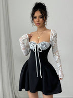 SHEIN Allurite Holiday Costume Dress Christmas Party Ball White Lace Long Sleeve Princess Tutu Sexy Mini Dress;Fall Women Clothes;Holiday Party Dress;New Year Eve Dress;New Years Women Outfit,Valentine's Day Mini Dress, Spring/Summer Mini Dress,Black And White Stitching Black Corset Dress Dinner Date Dress Sweetheart Neckline Dress Corset Top Dress Wine Dress Maroon Dress