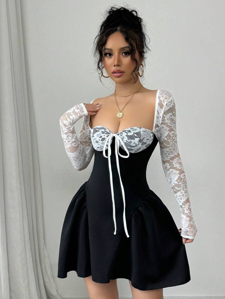 SHEIN Allurite Holiday Costume Dress Christmas Party Ball White Lace Long Sleeve Princess Tutu Sexy Mini Dress;Fall Women Clothes;Holiday Party Dress;New Year Eve Dress;New Years Women Outfit,Valentine's Day Mini Dress, Spring/Summer Mini Dress,Black And White Stitching Black Corset Dress Dinner Date Dress Sweetheart Neckline Dress Corset Top Dress Wine Dress Maroon Dress