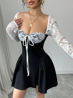 SHEIN Allurite Holiday Costume Dress Christmas Party Ball White Lace Long Sleeve Princess Tutu Sexy Mini Dress;Fall Women Clothes;Holiday Party Dress;New Year Eve Dress;New Years Women Outfit,Valentine's Day Mini Dress, Spring/Summer Mini Dress,Black And White Stitching Black Corset Dress Dinner Date Dress Sweetheart Neckline Dress Corset Top Dress Wine Dress Maroon Dress