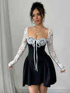 SHEIN Allurite Holiday Costume Dress Christmas Party Ball White Lace Long Sleeve Princess Tutu Sexy Mini Dress;Fall Women Clothes;Holiday Party Dress;New Year Eve Dress;New Years Women Outfit,Valentine's Day Mini Dress, Spring/Summer Mini Dress,Black And White Stitching Black Corset Dress Dinner Date Dress Sweetheart Neckline Dress Corset Top Dress Wine Dress Maroon Dress