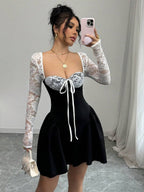 SHEIN Allurite Holiday Costume Dress Christmas Party Ball White Lace Long Sleeve Princess Tutu Sexy Mini Dress;Fall Women Clothes;Holiday Party Dress;New Year Eve Dress;New Years Women Outfit,Valentine's Day Mini Dress, Spring/Summer Mini Dress,Black And White Stitching Black Corset Dress Dinner Date Dress Sweetheart Neckline Dress Corset Top Dress Wine Dress Maroon Dress
