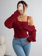 SHEIN EZwear Women's Casual Solid Color Knit Long Sleeve Regular Fit Pullover Top