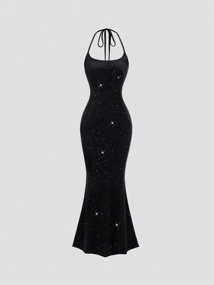 Sweetra Women Fitted Halter Mermaid Dress, Black Maxi Women Outfit