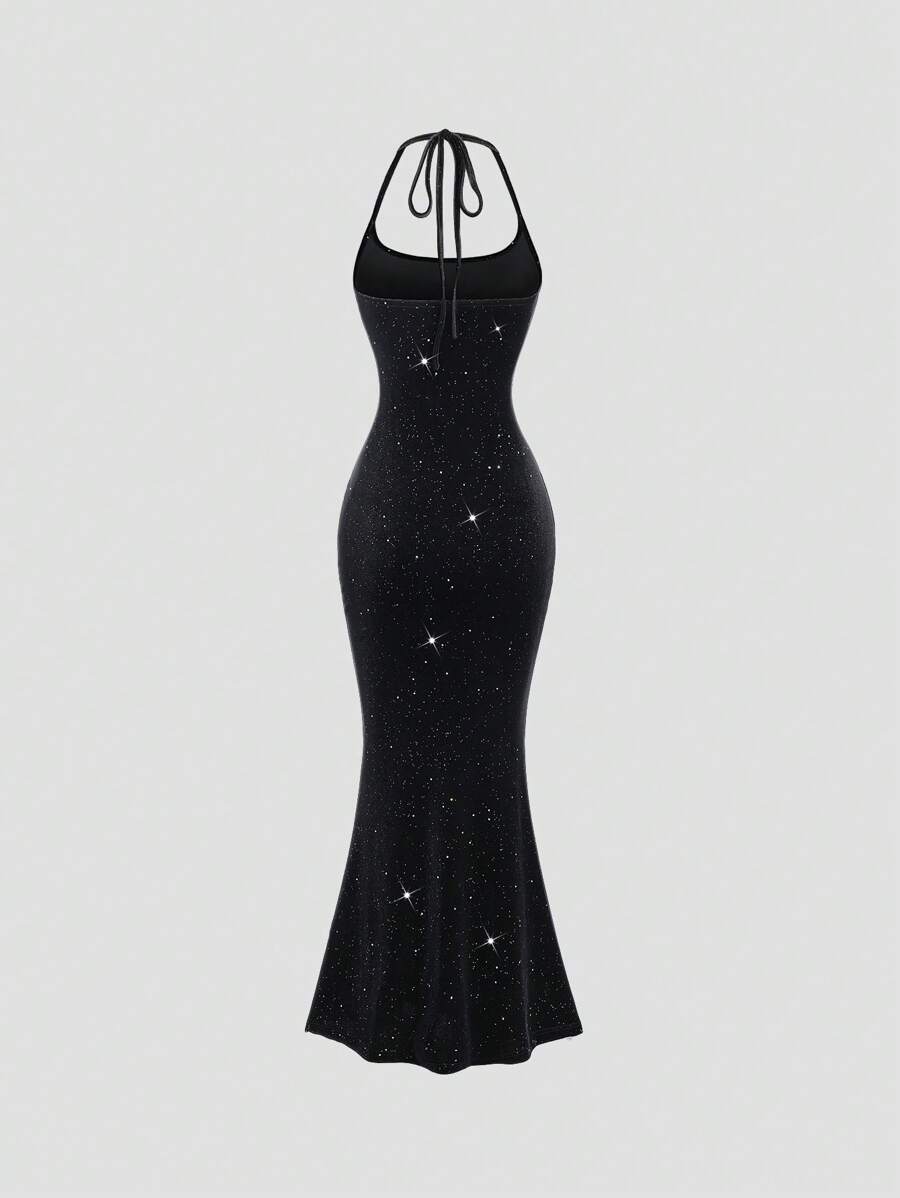 Sweetra Women Fitted Halter Mermaid Dress, Black Maxi Women Outfit