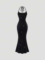 Sweetra Women Fitted Halter Mermaid Dress, Black Maxi Women Outfit
