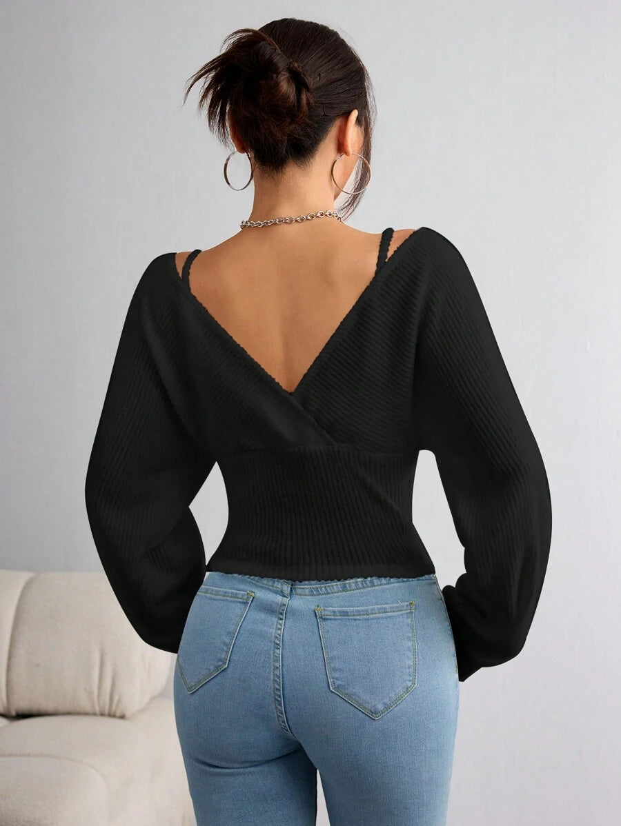 SHEIN EZwear Women's Casual Solid Color Knit Long Sleeve Regular Fit Pullover Top