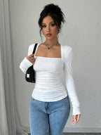 Selianne 1pc Women Leopard Print T-Shirt With Long Sleeve, Square Neckline, Ruched Waist And Slit Cuffs Cheetah Print Tee For Spring Fall Cloth For Women