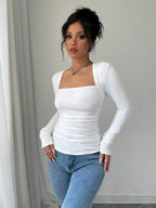 Selianne 1pc Women Leopard Print T-Shirt With Long Sleeve, Square Neckline, Ruched Waist And Slit Cuffs Cheetah Print Tee For Spring Fall Cloth For Women