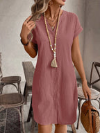 EMERY ROSE Solid Notched Button Front Batwing Sleeve Shirt Dress,Summer Dresses For Women