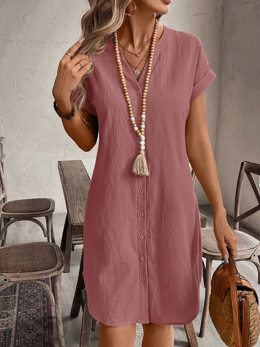 EMERY ROSE Solid Notched Button Front Batwing Sleeve Shirt Dress,Summer Dresses For Women