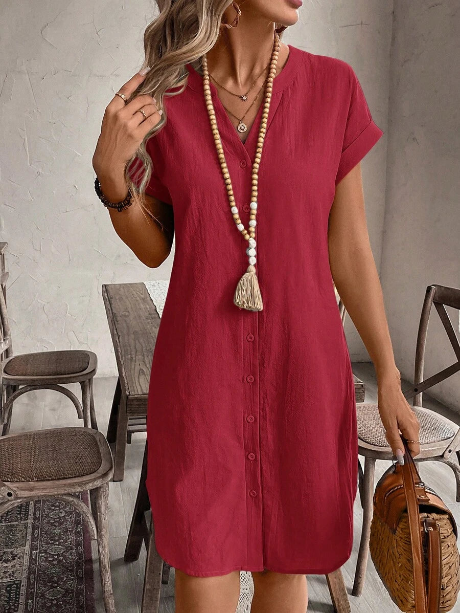 EMERY ROSE Solid Notched Button Front Batwing Sleeve Shirt Dress,Summer Dresses For Women