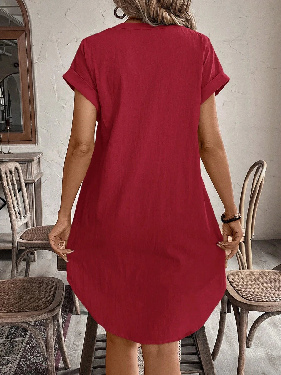EMERY ROSE Solid Notched Button Front Batwing Sleeve Shirt Dress,Summer Dresses For Women
