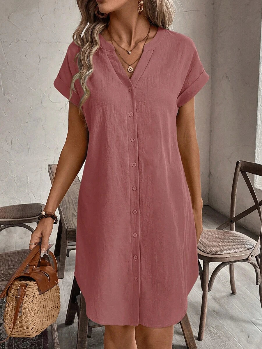 EMERY ROSE Solid Notched Button Front Batwing Sleeve Shirt Dress,Summer Dresses For Women