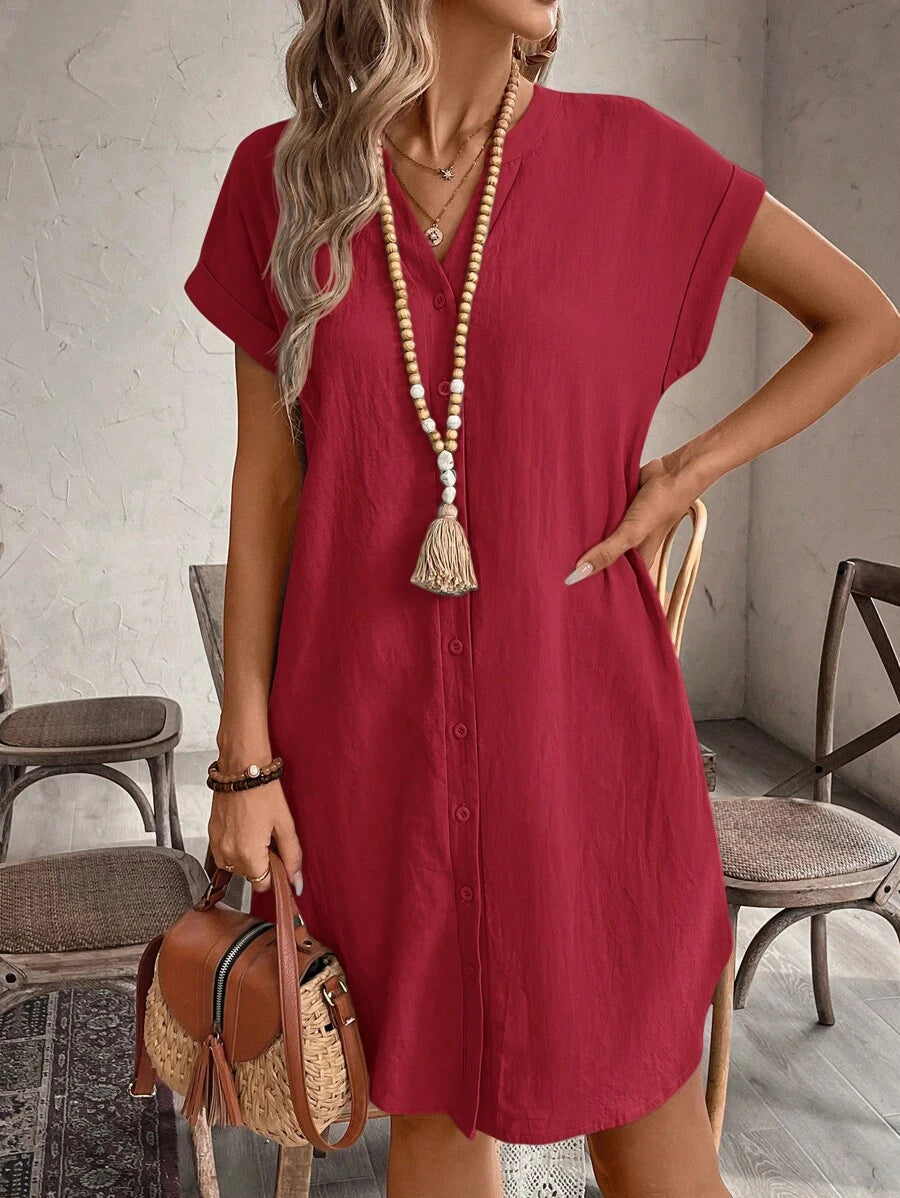 EMERY ROSE Solid Notched Button Front Batwing Sleeve Shirt Dress,Summer Dresses For Women