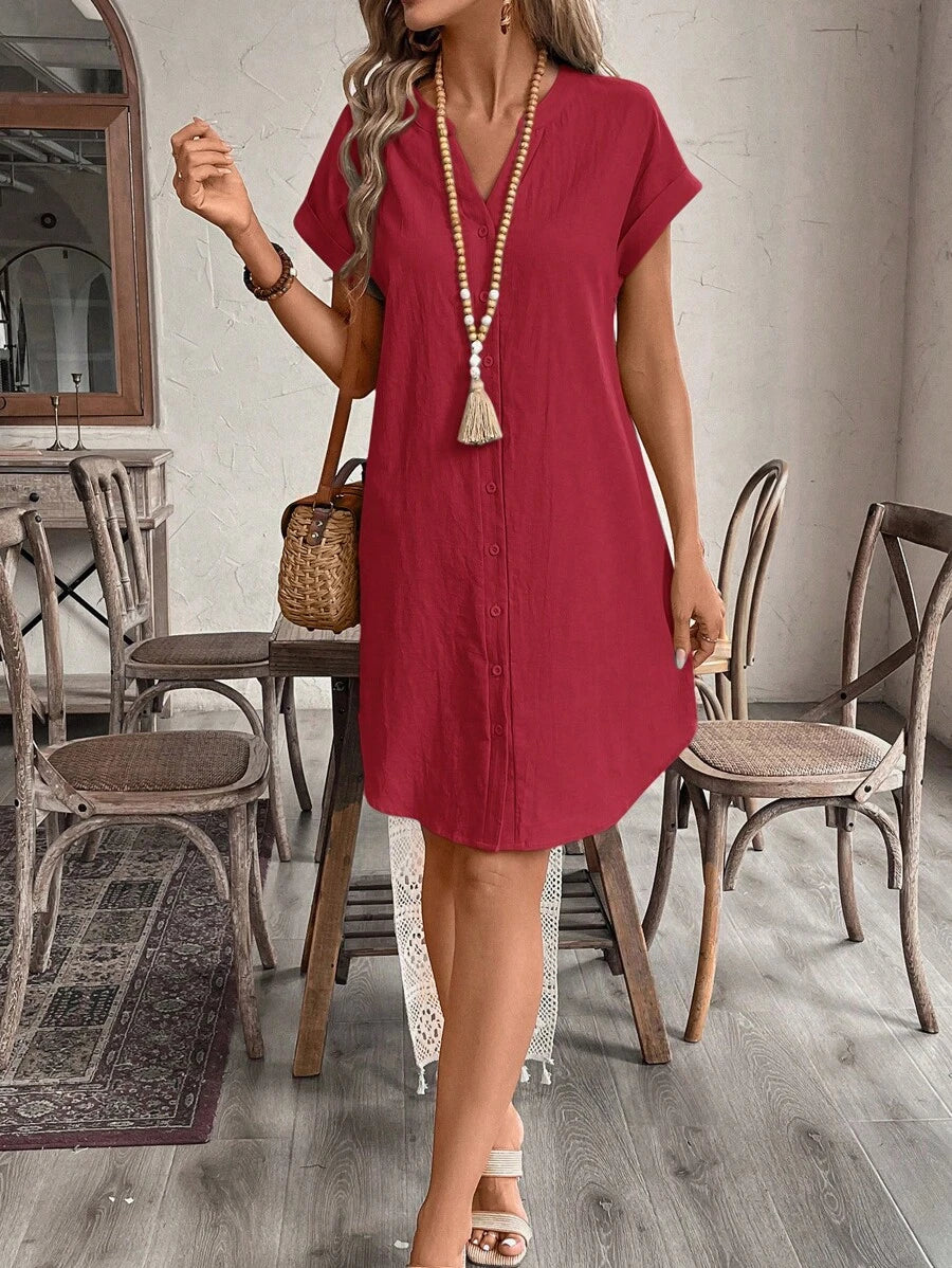 EMERY ROSE Solid Notched Button Front Batwing Sleeve Shirt Dress,Summer Dresses For Women