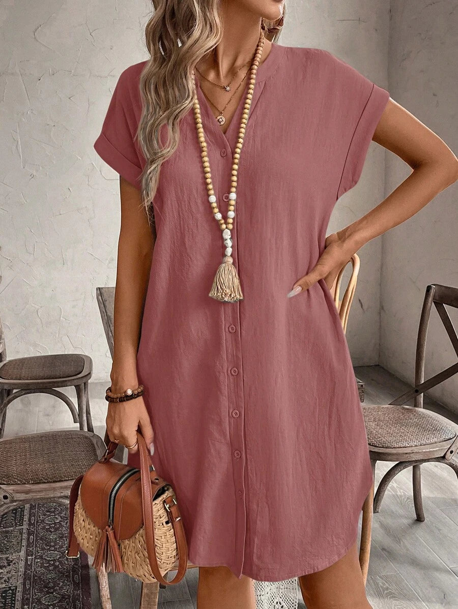 EMERY ROSE Solid Notched Button Front Batwing Sleeve Shirt Dress,Summer Dresses For Women