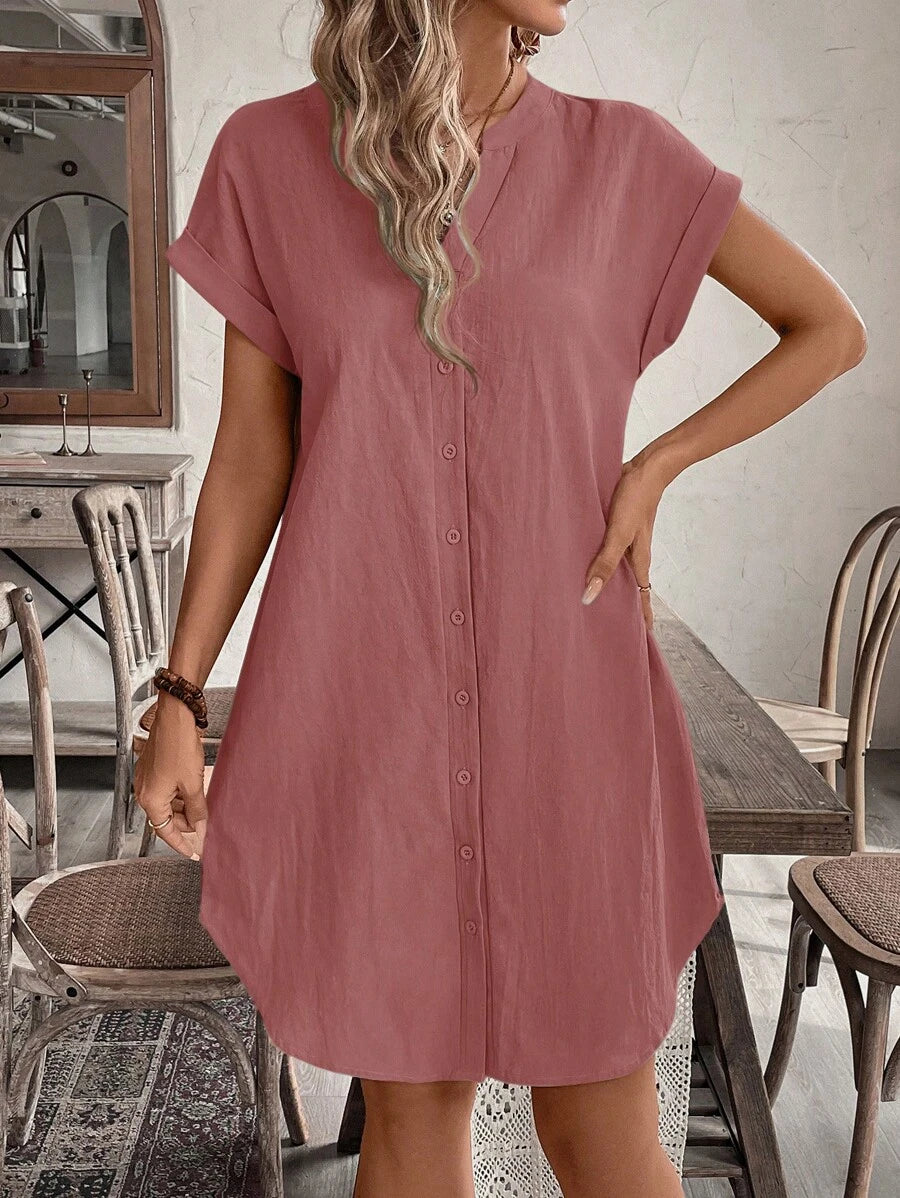 EMERY ROSE Solid Notched Button Front Batwing Sleeve Shirt Dress,Summer Dresses For Women