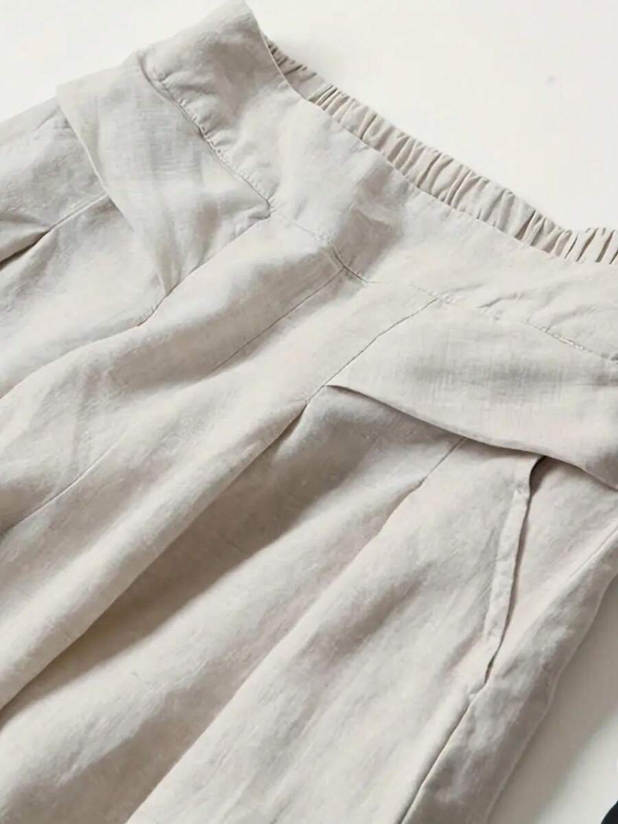 Women Solid Color Casual Front Pocket Decorated Wide Leg Pants