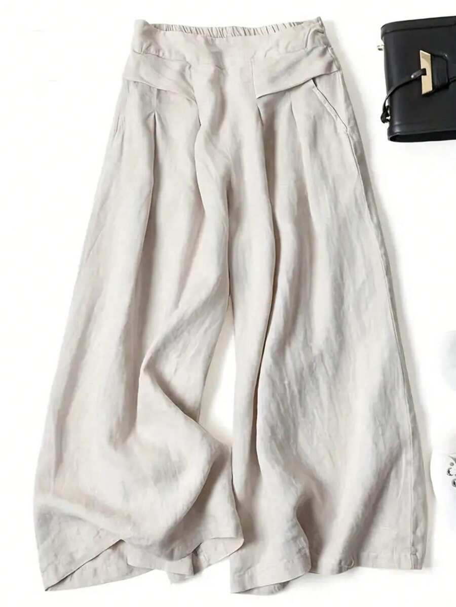 Women Solid Color Casual Front Pocket Decorated Wide Leg Pants