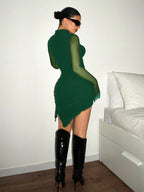 SHEIN ICON Women's Spring Summer Stand Collar Fitted Solid Color Long Sleeve Mesh Dress