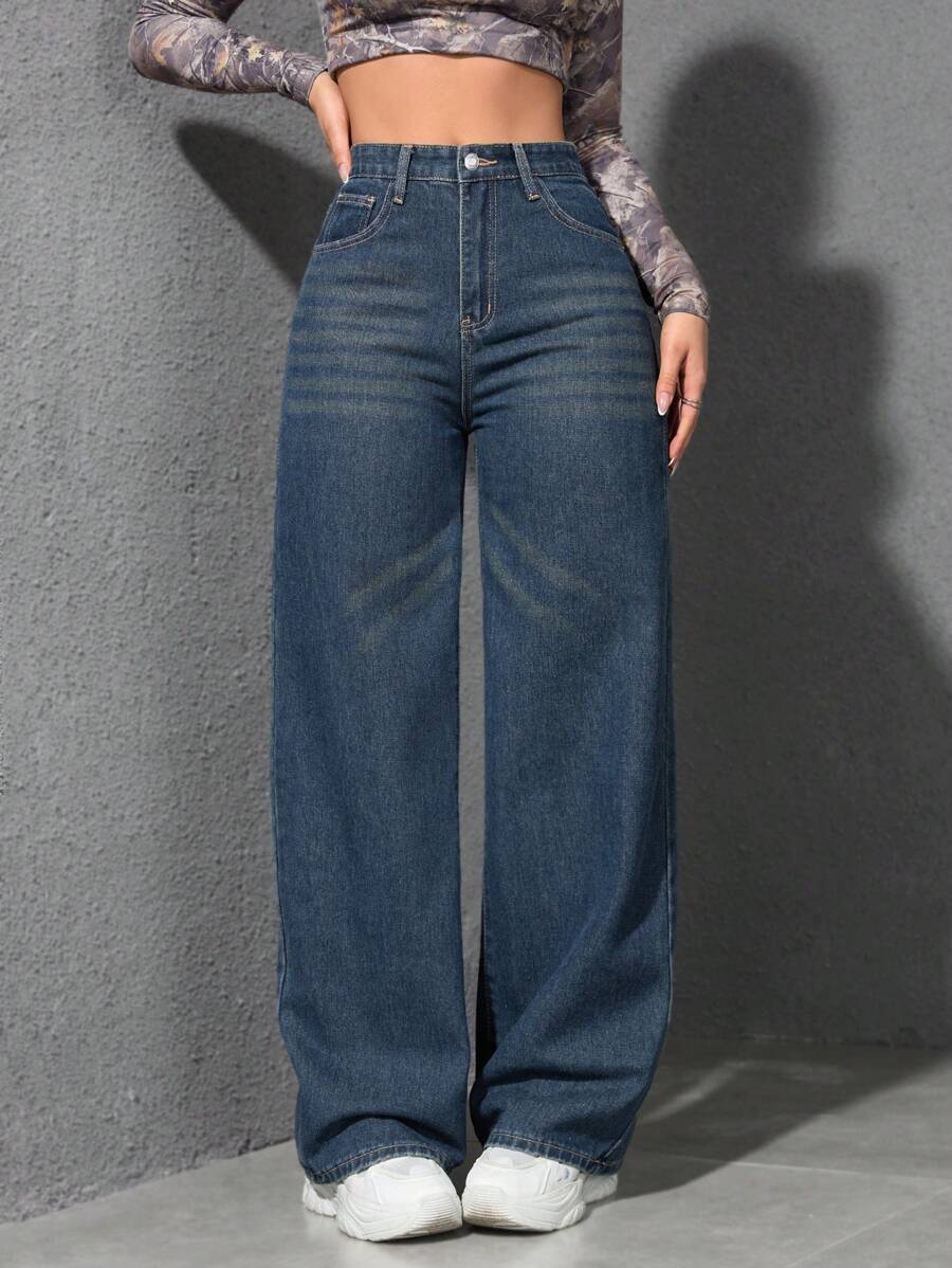 SHEIN ICON Casual Relaxed-Fit High-Waist Straight Leg Denim Jeans