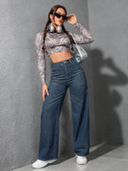 SHEIN ICON Casual Relaxed-Fit High-Waist Straight Leg Denim Jeans