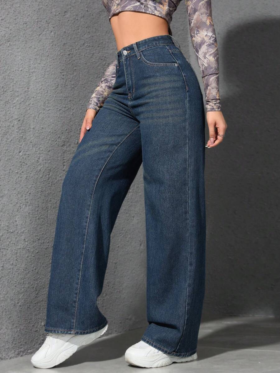 SHEIN ICON Casual Relaxed-Fit High-Waist Straight Leg Denim Jeans