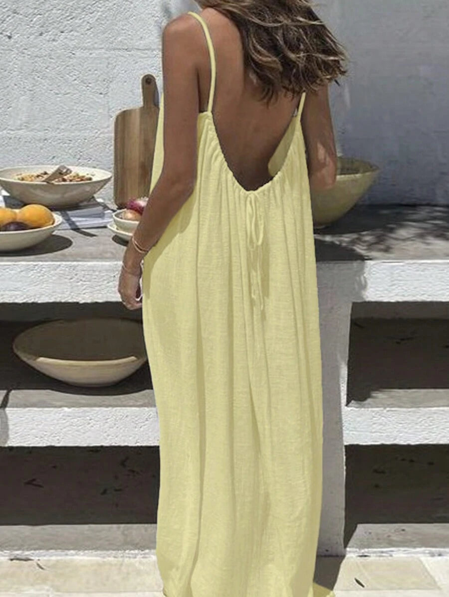 Cévolie Women's Solid Color Open Back Tie Loose Casual Maxi Slip Dress