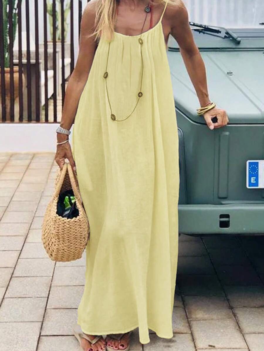Cévolie Women's Solid Color Open Back Tie Loose Casual Maxi Slip Dress