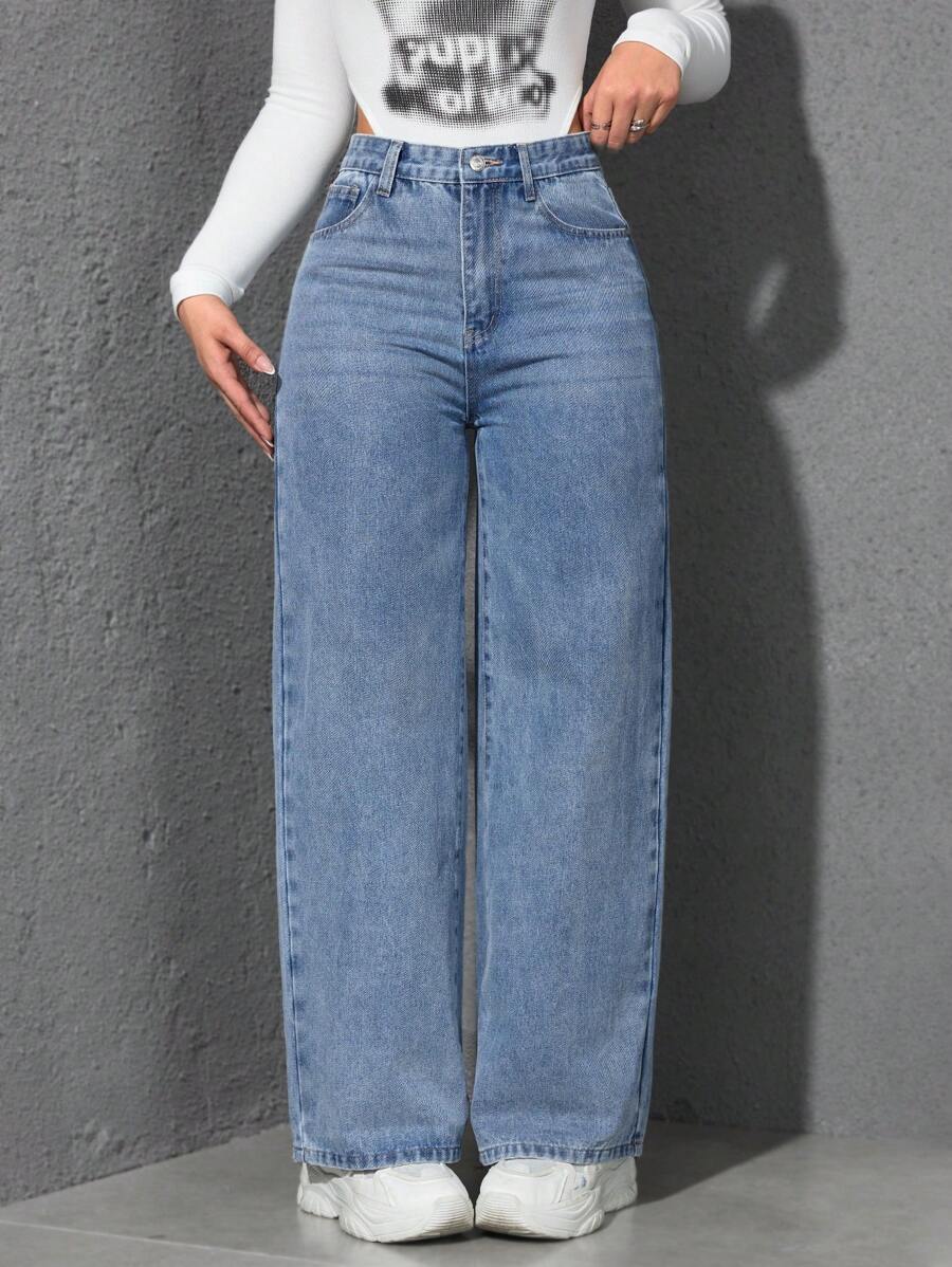 SHEIN ICON Casual Relaxed-Fit High-Waist Straight Leg Denim Jeans