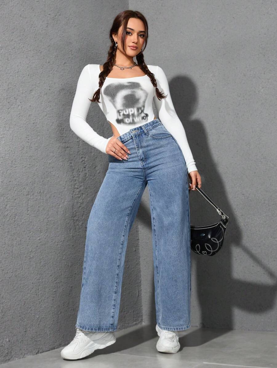 SHEIN ICON Casual Relaxed-Fit High-Waist Straight Leg Denim Jeans