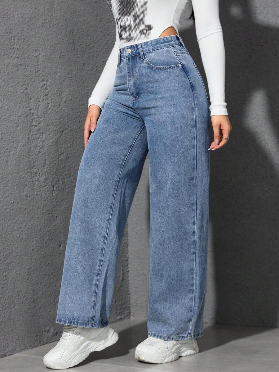 SHEIN ICON Casual Relaxed-Fit High-Waist Straight Leg Denim Jeans