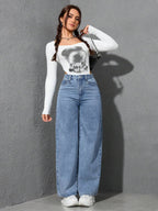 SHEIN ICON Casual Relaxed-Fit High-Waist Straight Leg Denim Jeans