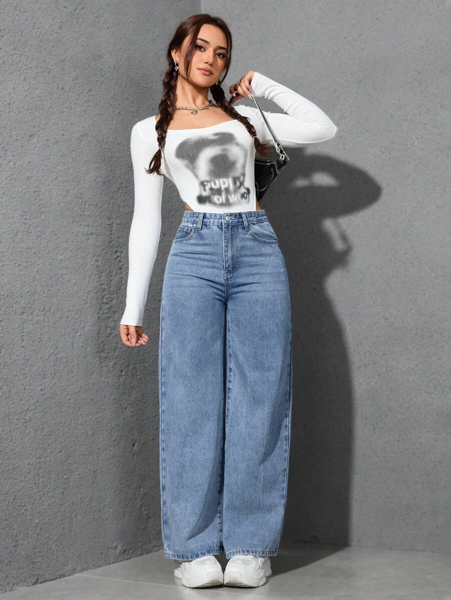 SHEIN ICON Casual Relaxed-Fit High-Waist Straight Leg Denim Jeans