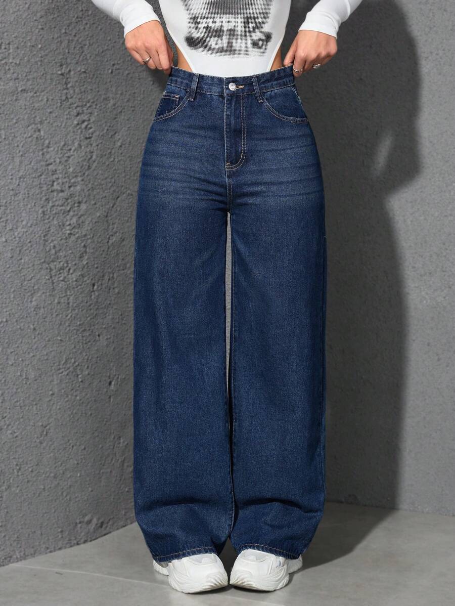 SHEIN ICON Casual Relaxed-Fit High-Waist Straight Leg Denim Jeans
