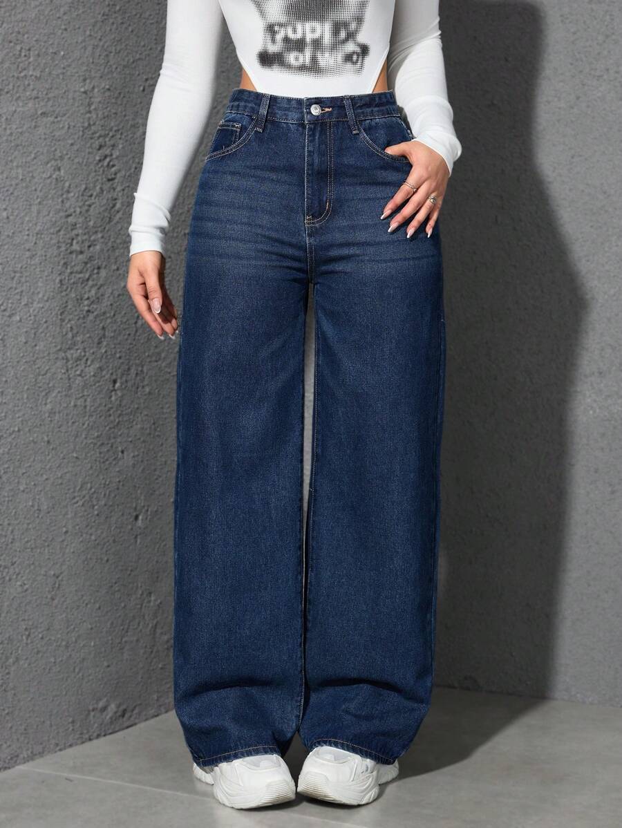 SHEIN ICON Casual Relaxed-Fit High-Waist Straight Leg Denim Jeans